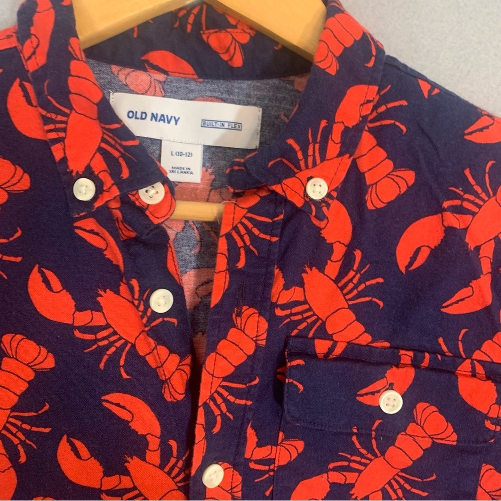 Old Navy Button Down Shirt Boys Sz 10-12 Blue Red Crawfish Nautical - Picture 5 of 5